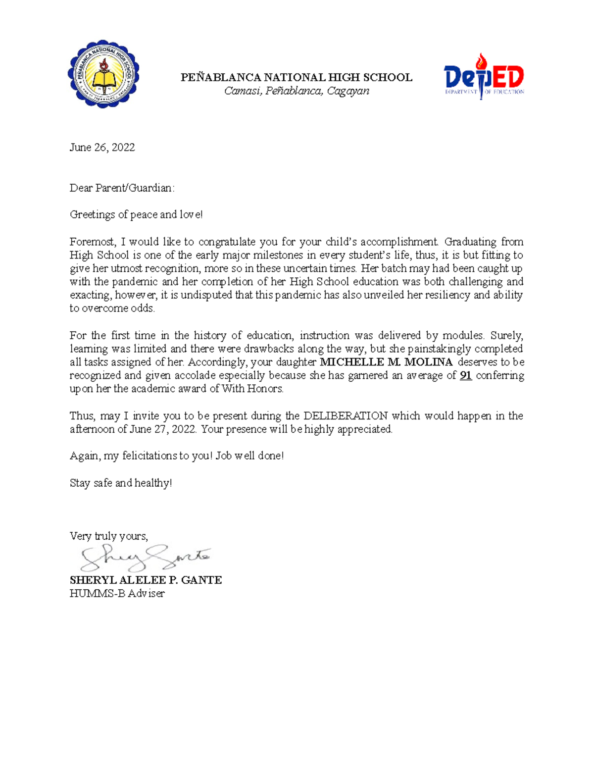 Letter-to-Parents - letter to parent - PEÑABLANCA NATIONAL HIGH SCHOOL ...