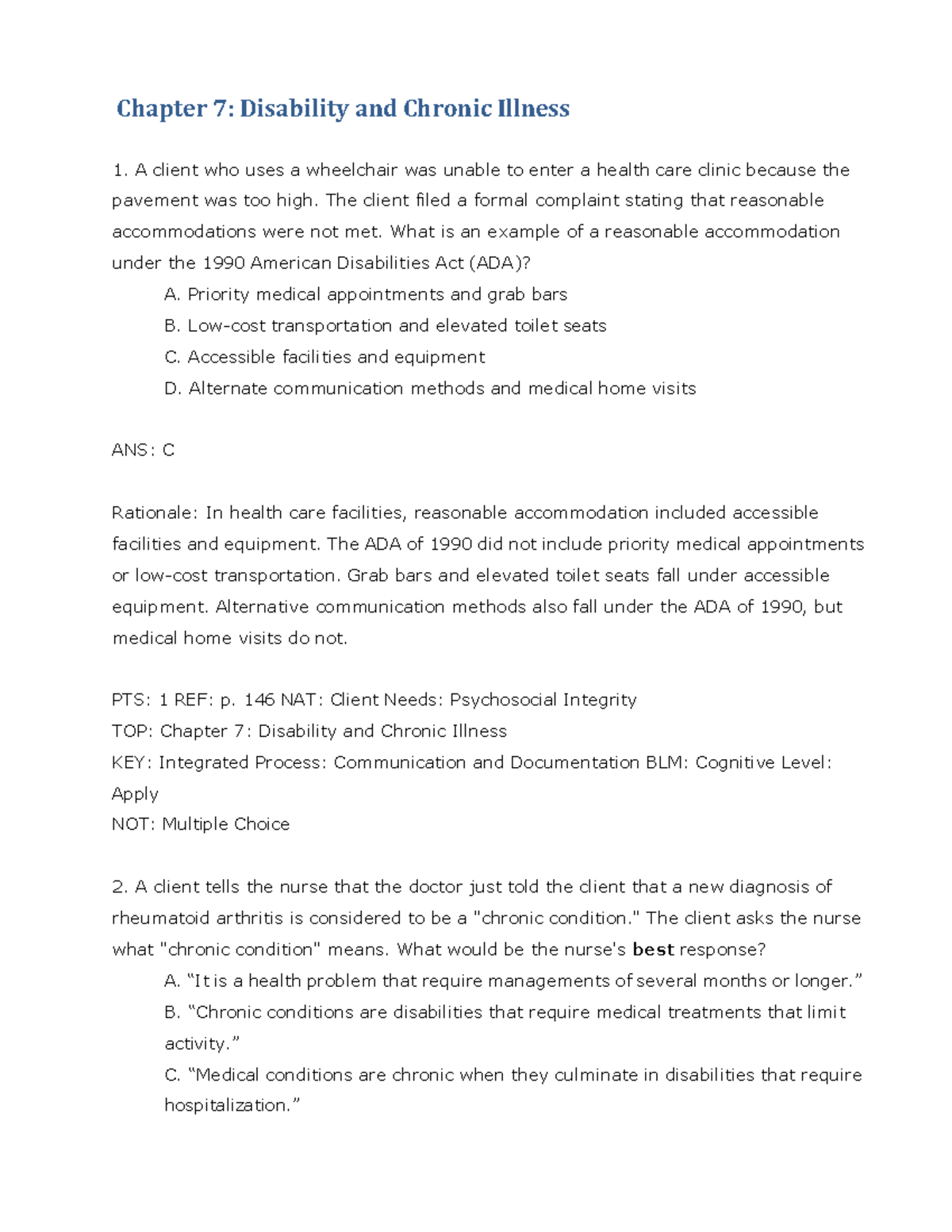 Elderly-test bank Brunner and Suddarth’s 15th - Chapter 7: Disability