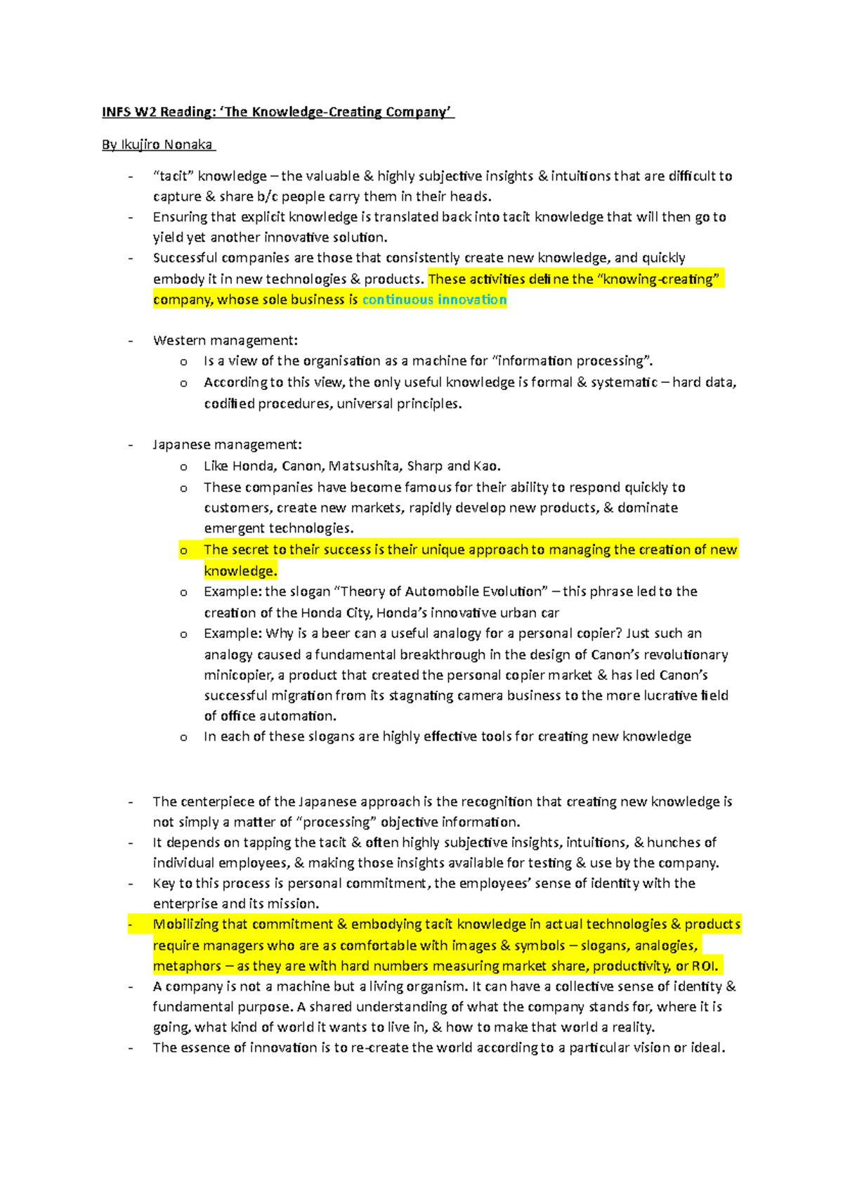 W2 Reading Notes - INFS W2 Reading: ‘The Knowledge-Creating Company’ By ...