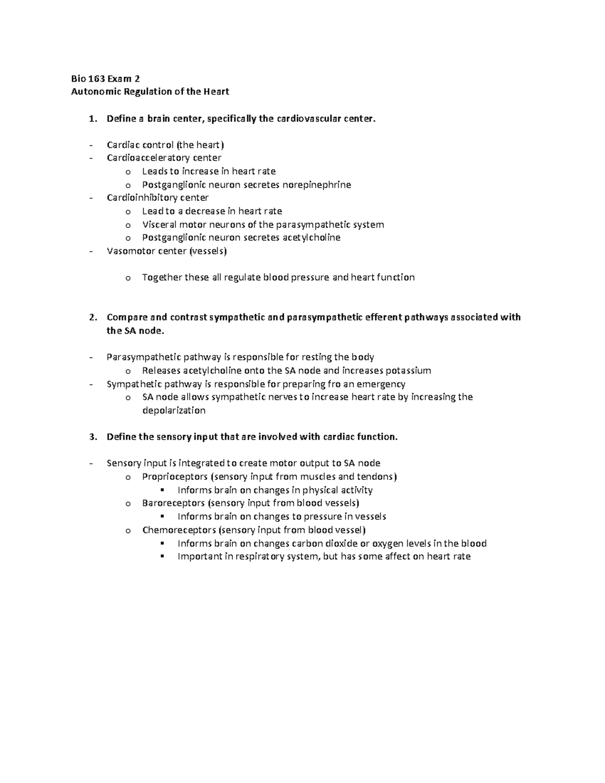 Bio 163 review questions autonomic regulation Bio 163 Exam 2