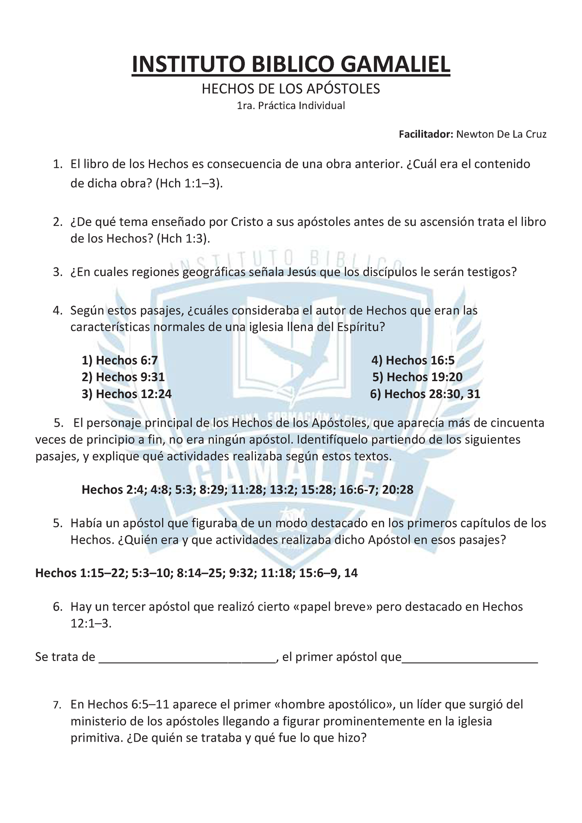 1ra. Practica Hechos - INSTITUTO BIBLICO GAMALIEL HECHOS DE LOS AP ...