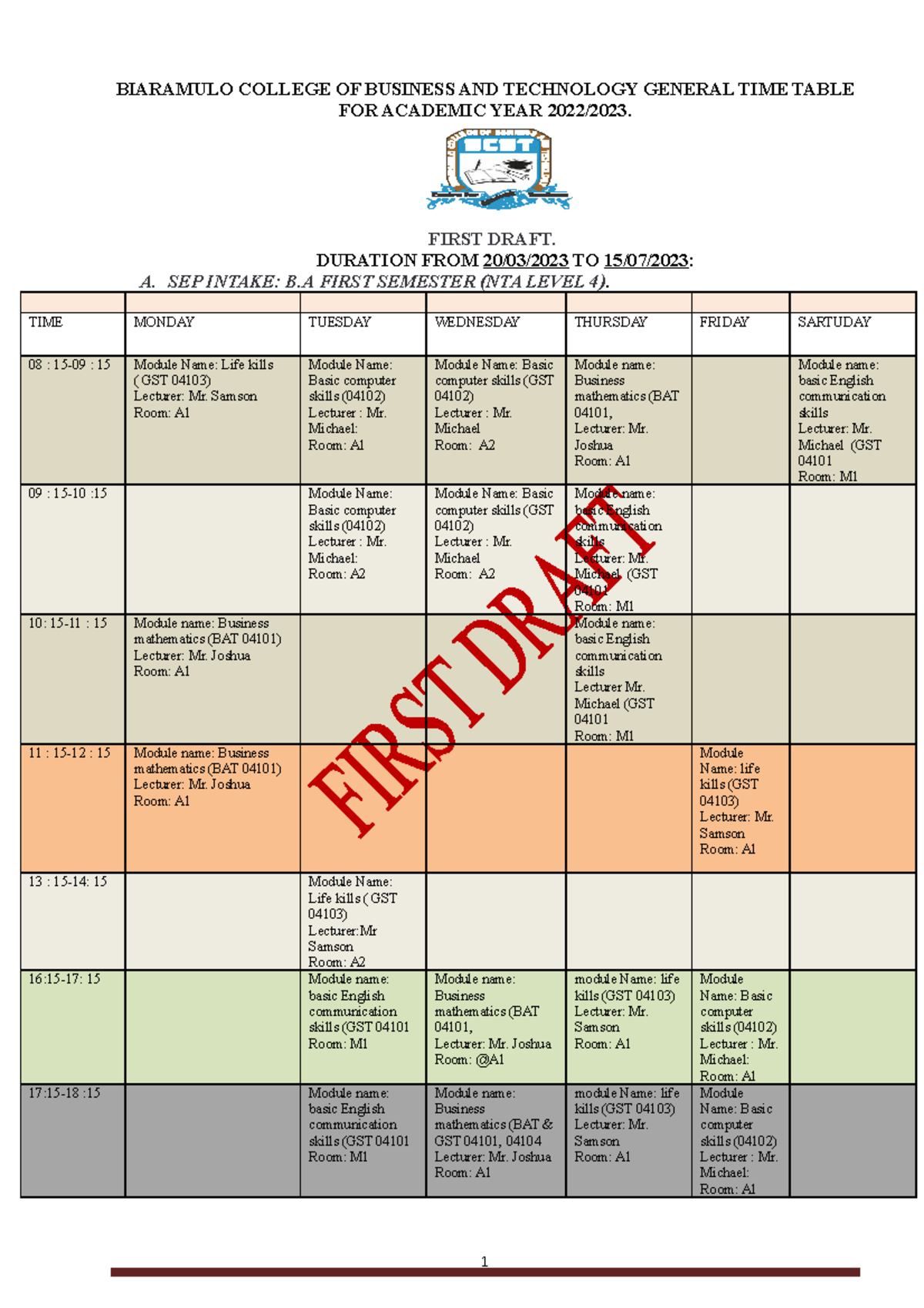 Second Draft TIME Table BIARAMULO COLLEGE OF BUSINESS AND TECHNOLOGY