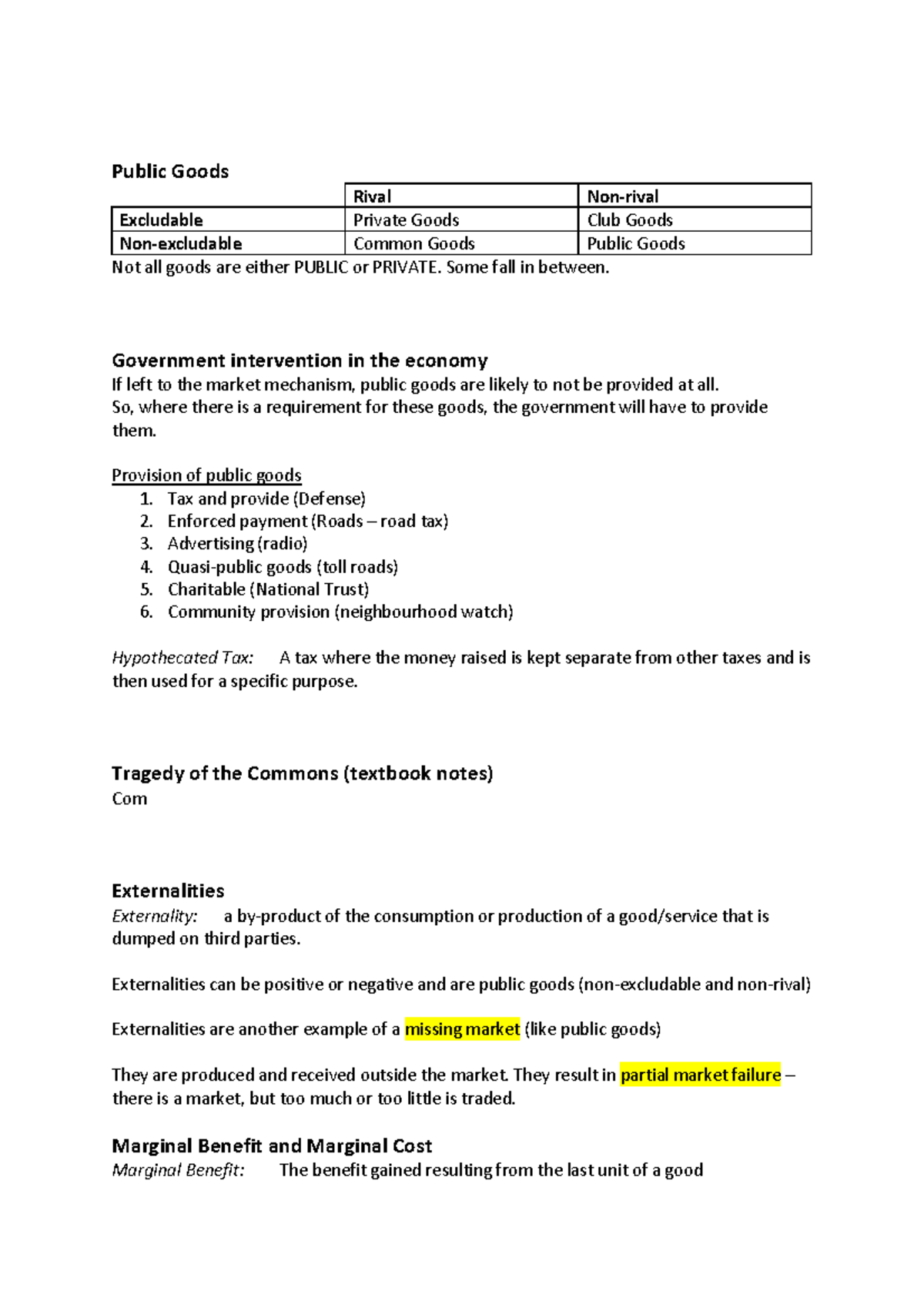 Micro notes - Public Goods Rival Non-rival Excludable Private Goods ...