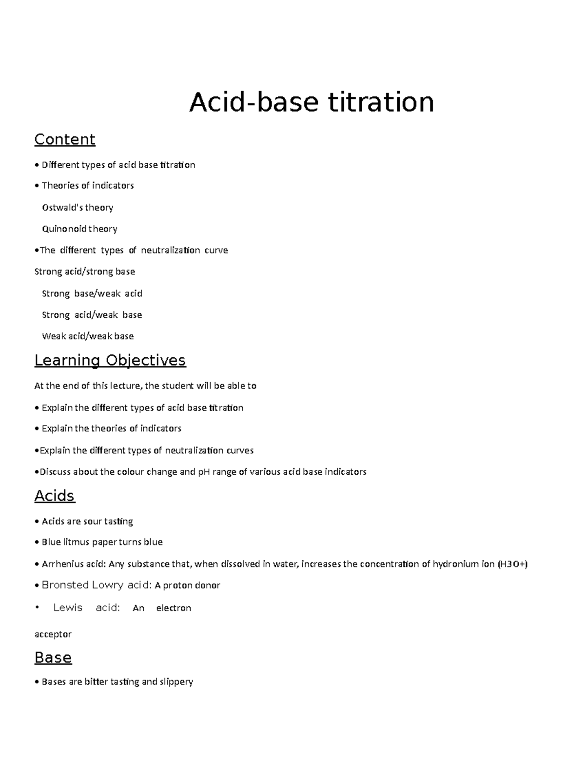 Chapter 1 acid base titration Acidbase titration Content Different