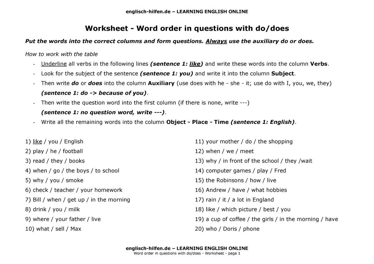 Put the words into correct columns. Word order in questions. Worksheet - Word order in questions with do/does. Englisch-Hilfen.de ответы. Word order in English sentence.