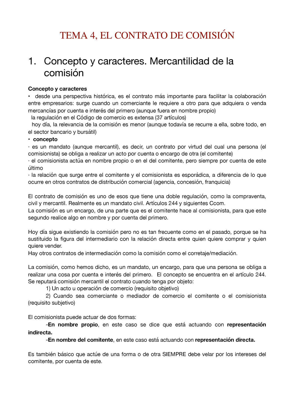 Tema 4 El contrato de comisión - TEMA 4, EL CONTRATO DE COMISIÓN 1.  Concepto y caracteres. - Studocu