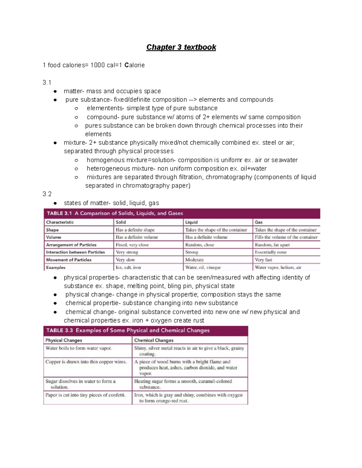 Ch 3 textbook notes Chem - Chapter 3 textbook 1 food calories= 1000 cal ...