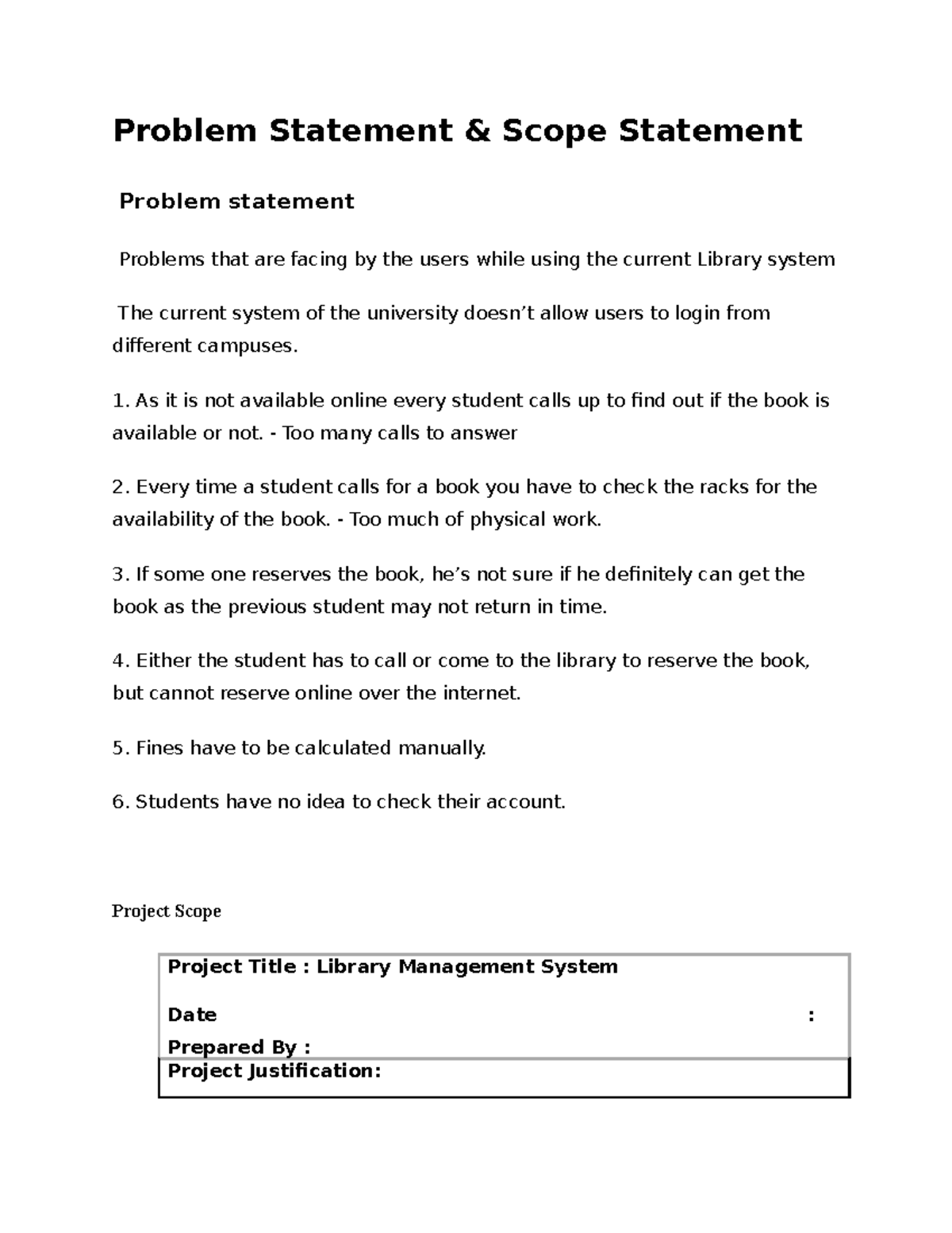 Library Project Documentation - Problem Statement & Scope Statement ...
