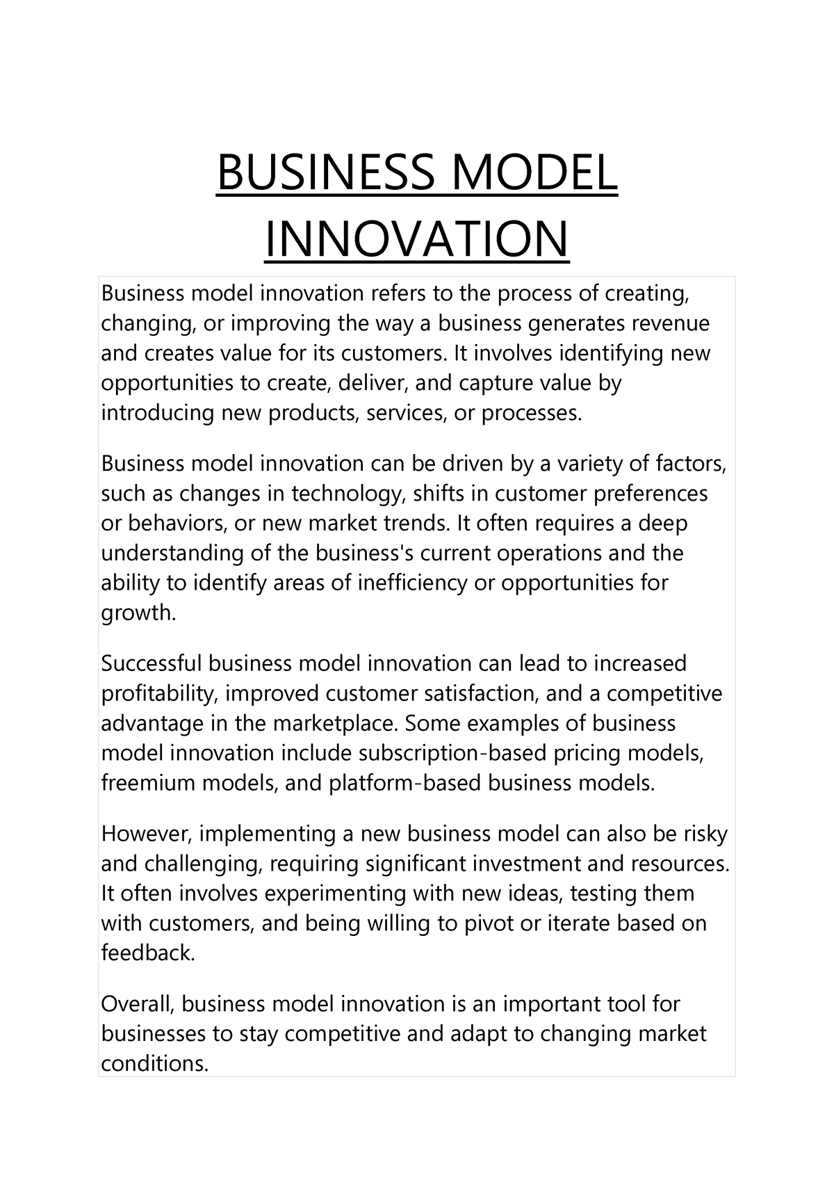 Business Model Innovation - BUSINESS MODEL INNOVATION Business Model ...