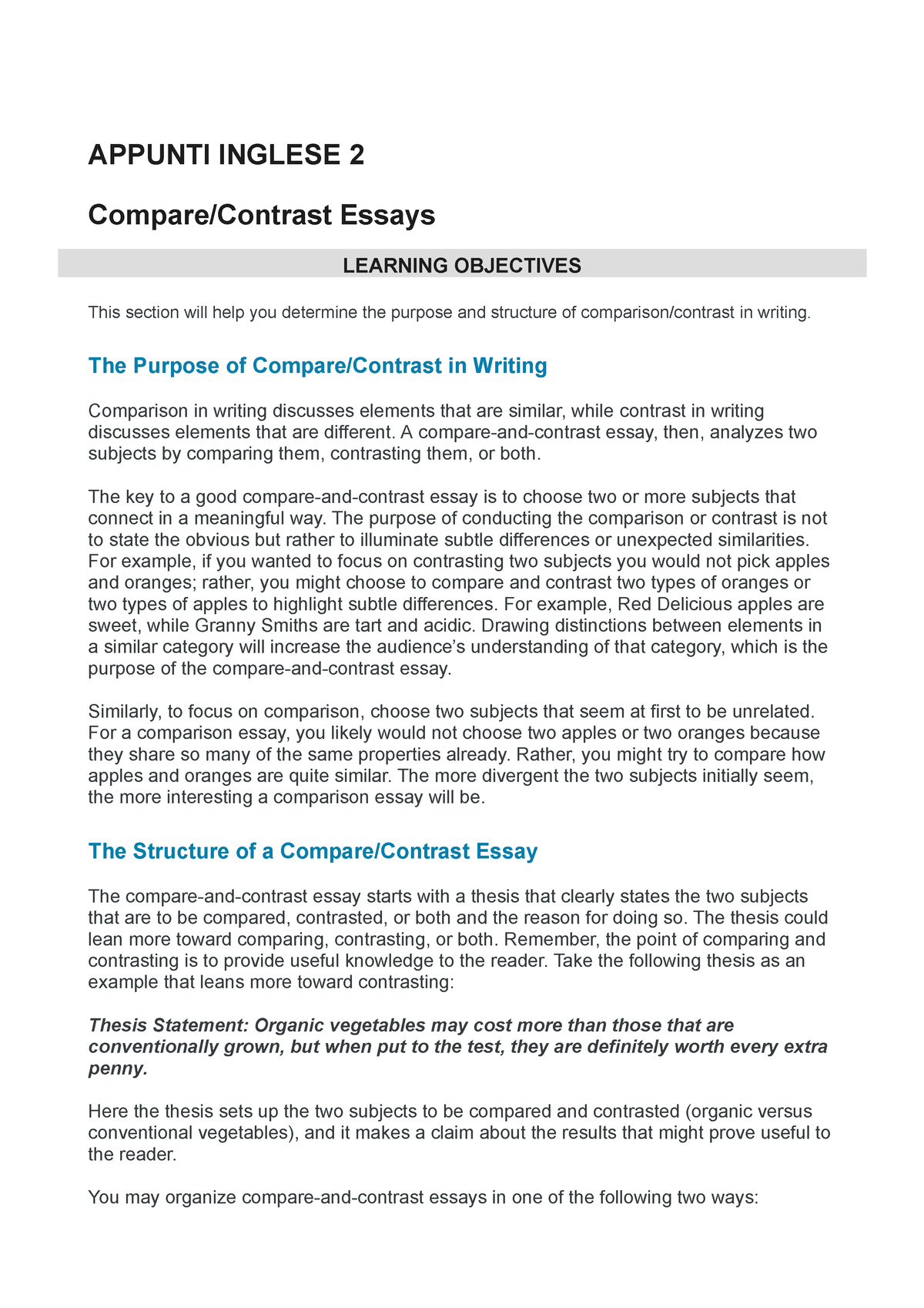 how to organize compare and contrast essay