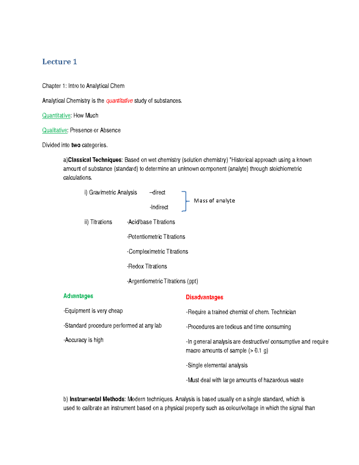 Lectures Notes 1-6 - Lecture 1 Chapter 1: Intro to Analytical Chem ...
