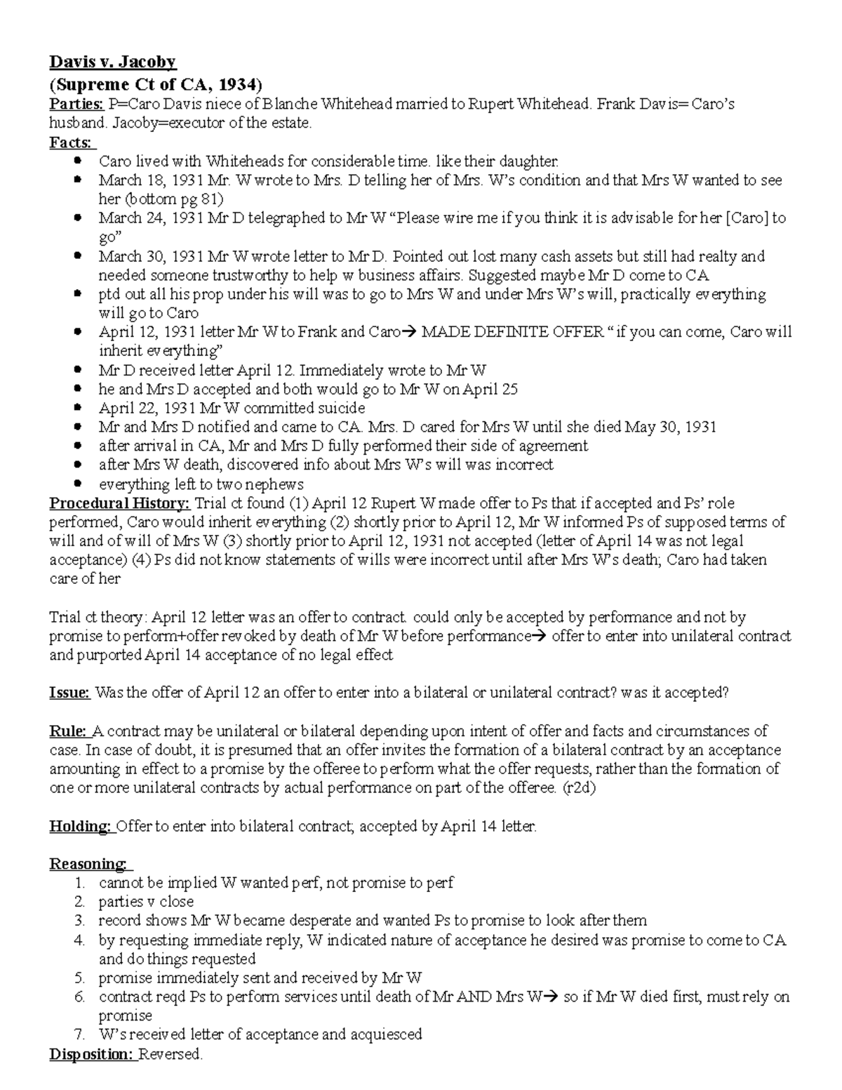 Davis v Jacoby Case Brief Davis v. Jacoby (Supreme Ct of CA, 1934
