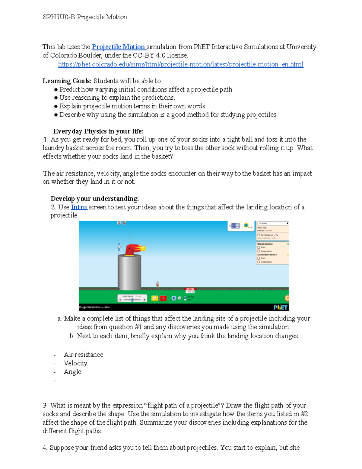 Projectile Motion Introduction Simulation Activity 1 - SPH3U0-B ...