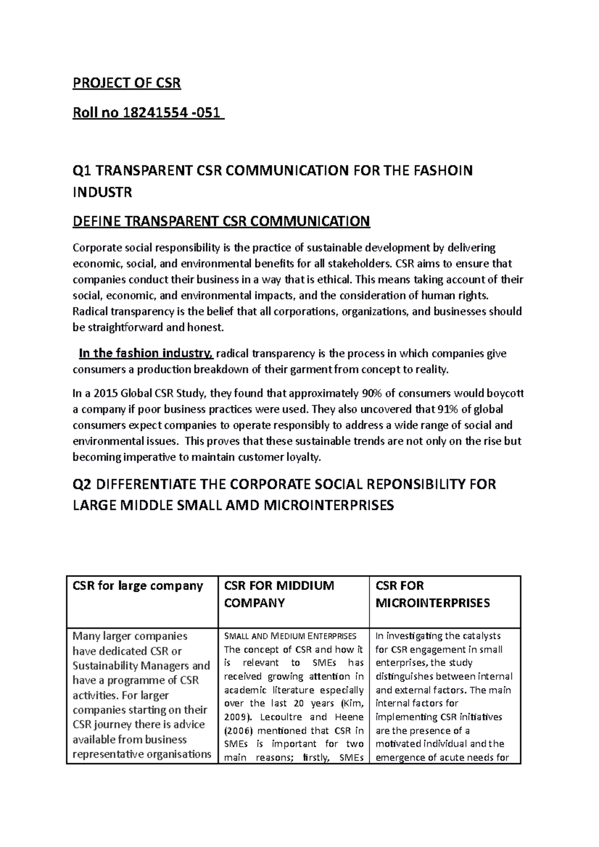 Document 51 - Lecture notes 45 - PROJECT OF CSR Roll no 18241554 - Q1 ...