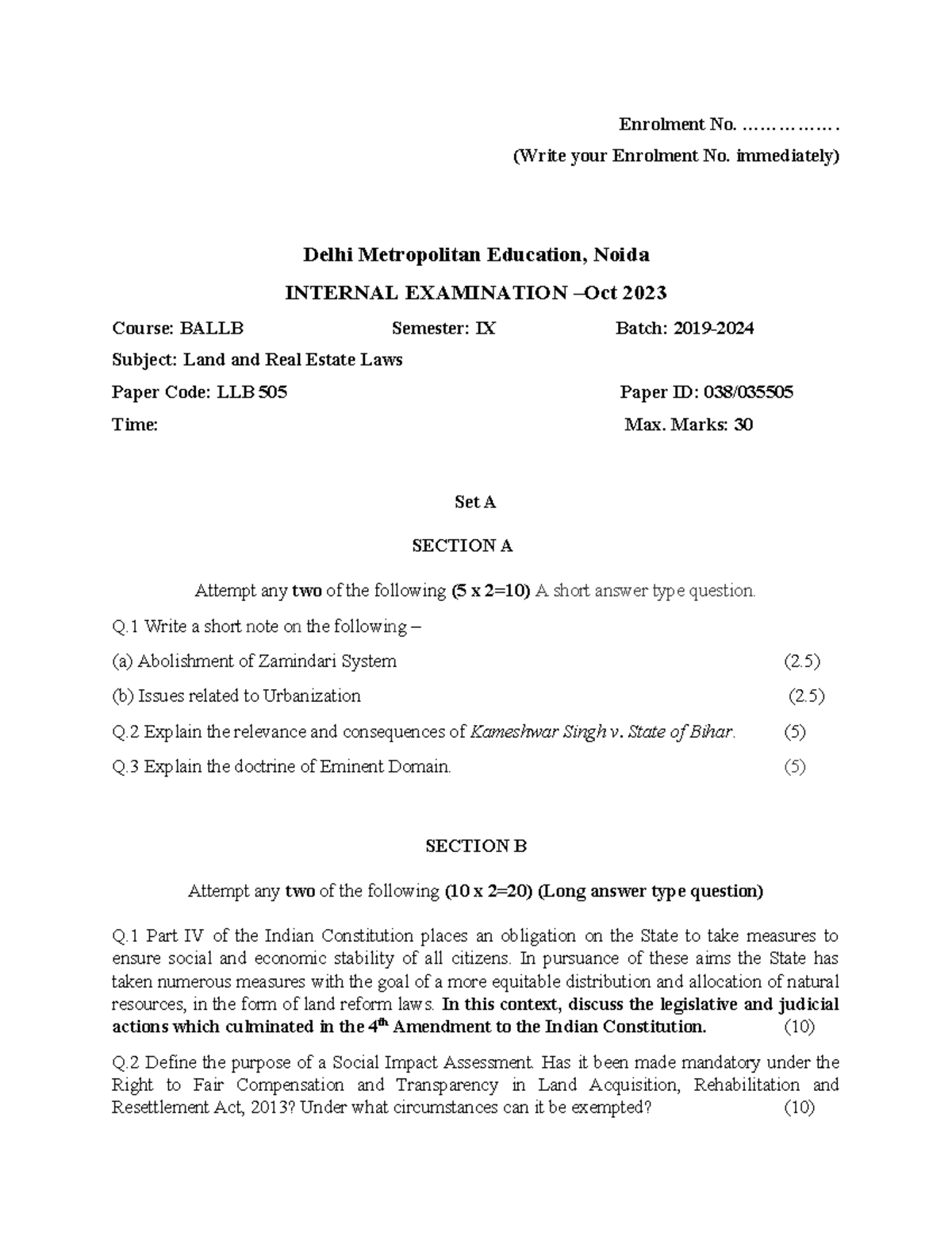 Question Paper Land Law - Enrolment No. ................ (Write your ...