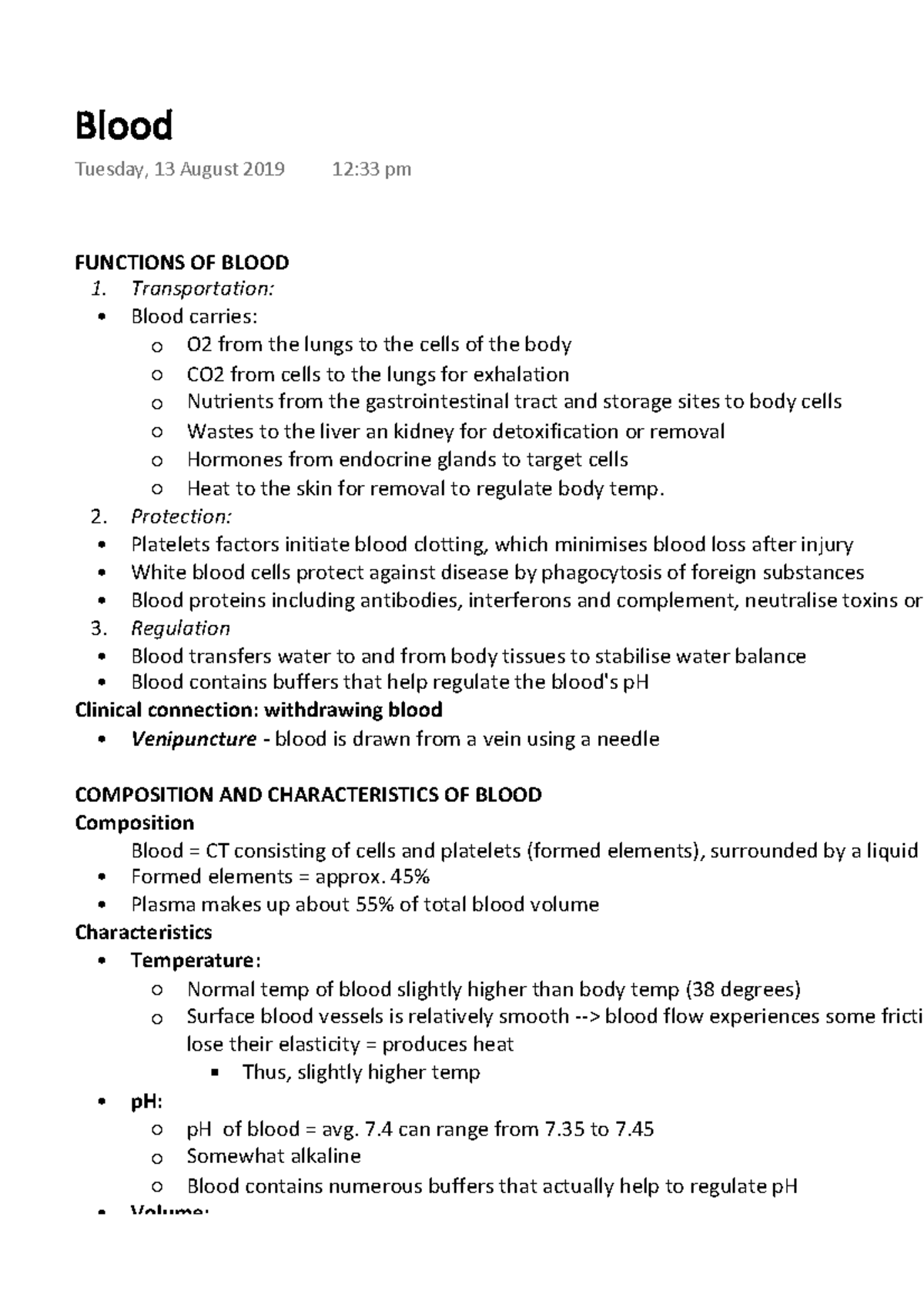 Blood - Lecture Notes The Heart - FUNCTIONS OF BLOOD 1. Transportation ...