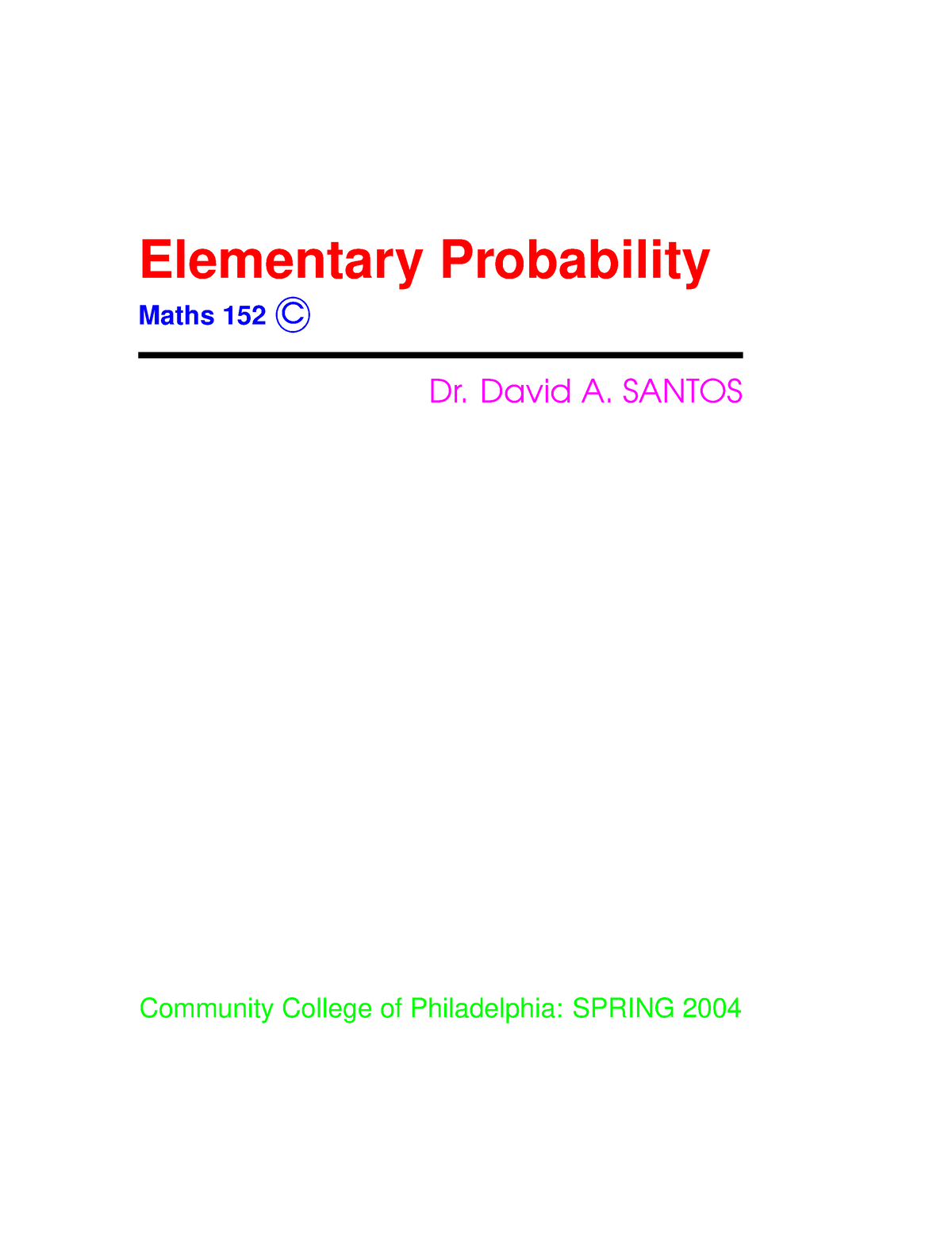 Elementary Probability Full Book - Elementary Probability Maths 152 ©c ...