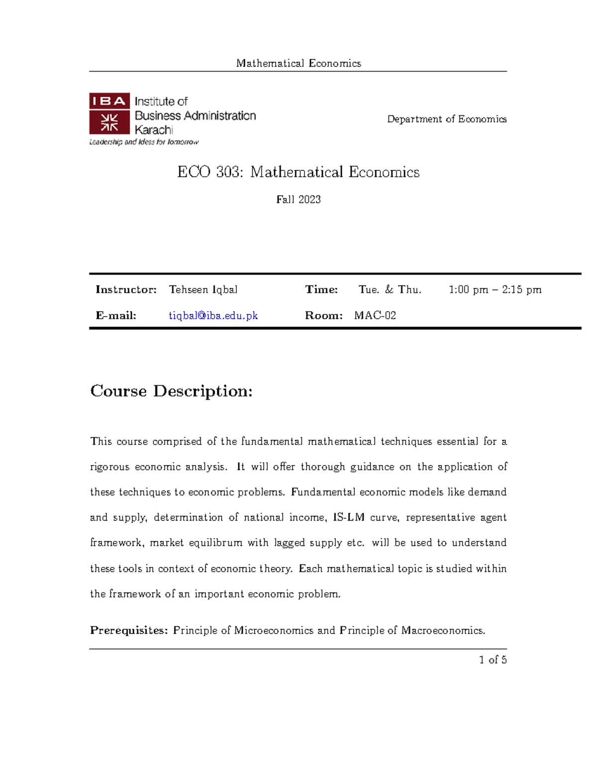 Mathematical Economics Department Of Economics Eco 303 Mathematical