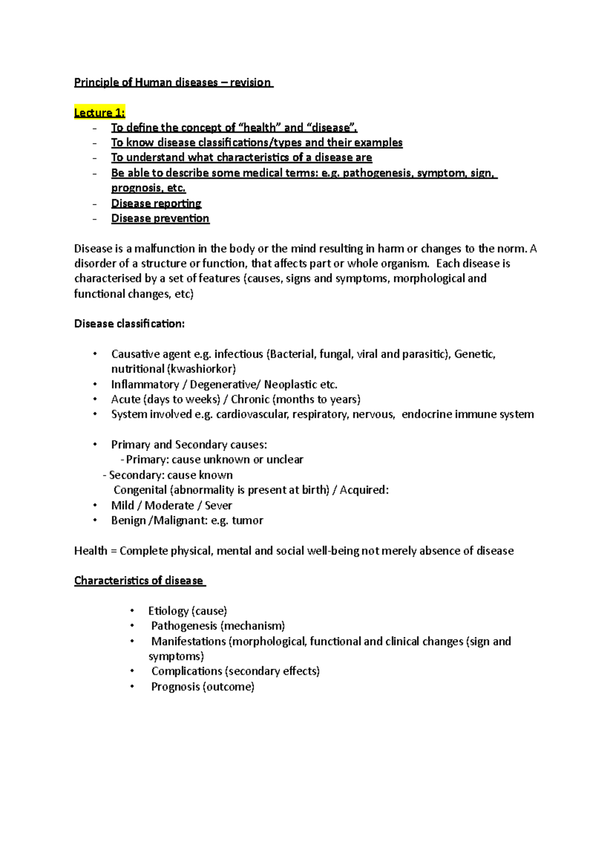Principle of Human diseases - To know disease classifications/types and ...