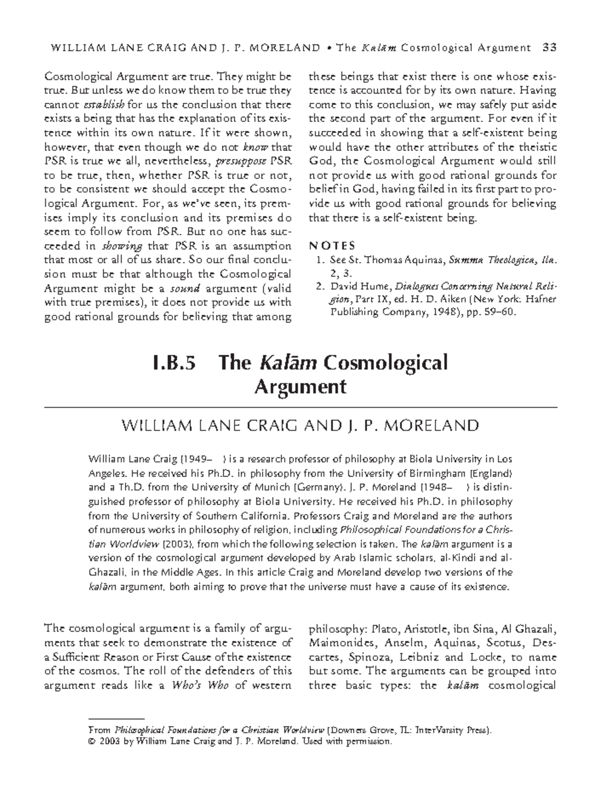 William Lane Craig and J P Moreland The Kalam Cosmological
