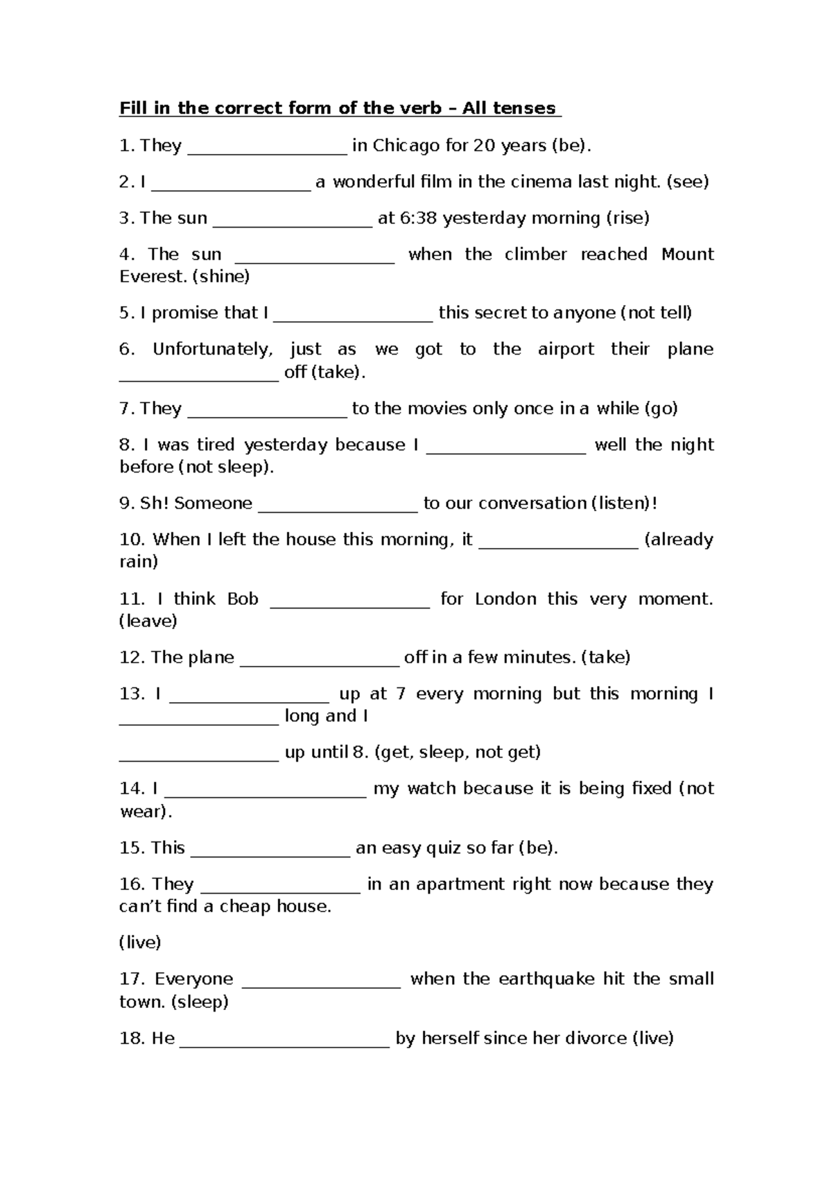 Inexacte Manipulation Seul Fill In The Correct Form Verb All Tenses 