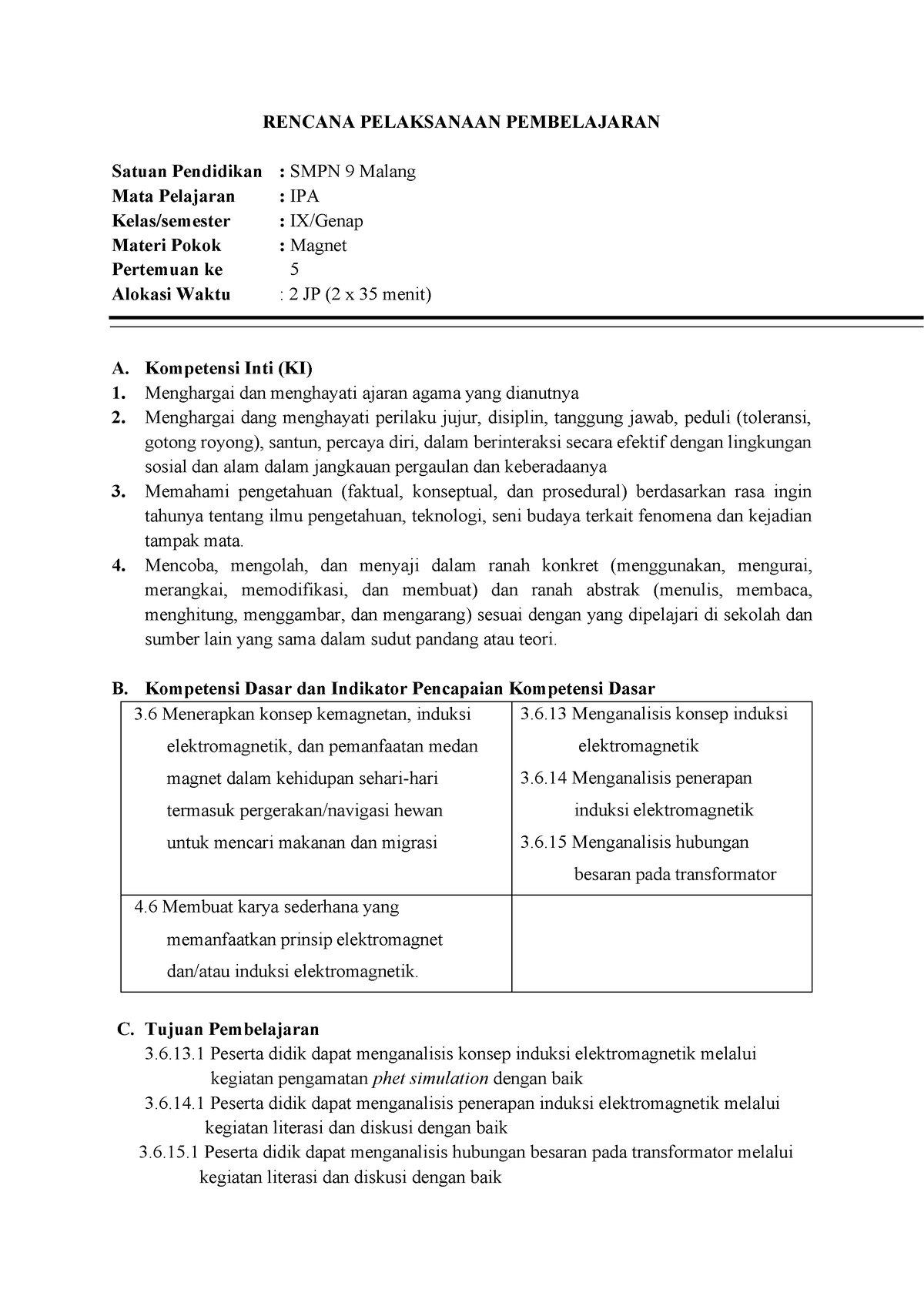 RPP Listrik Dinamis Pertemuan 5 - RENCANA PELAKSANAAN PEMBELAJARAN ...