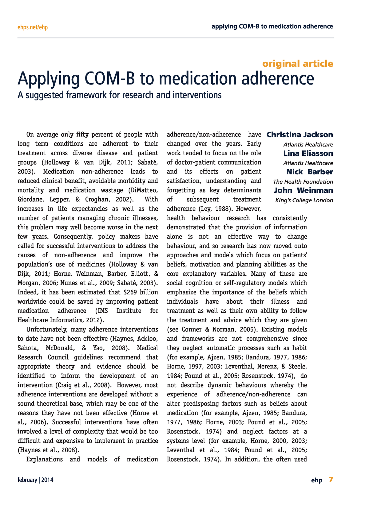 Applying COM-B To Medication Adherence - Febru A Ry | 2 01 4 Ehp 7 Eh ...