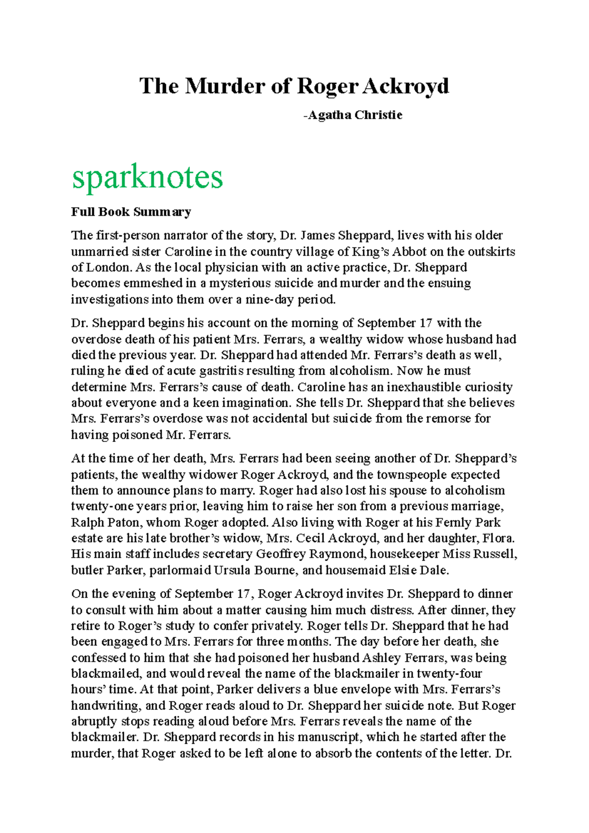 The Murder of Roger Ackroyd full - The Murder of Roger Ackroyd -Agatha Christie sparknotes Full ...