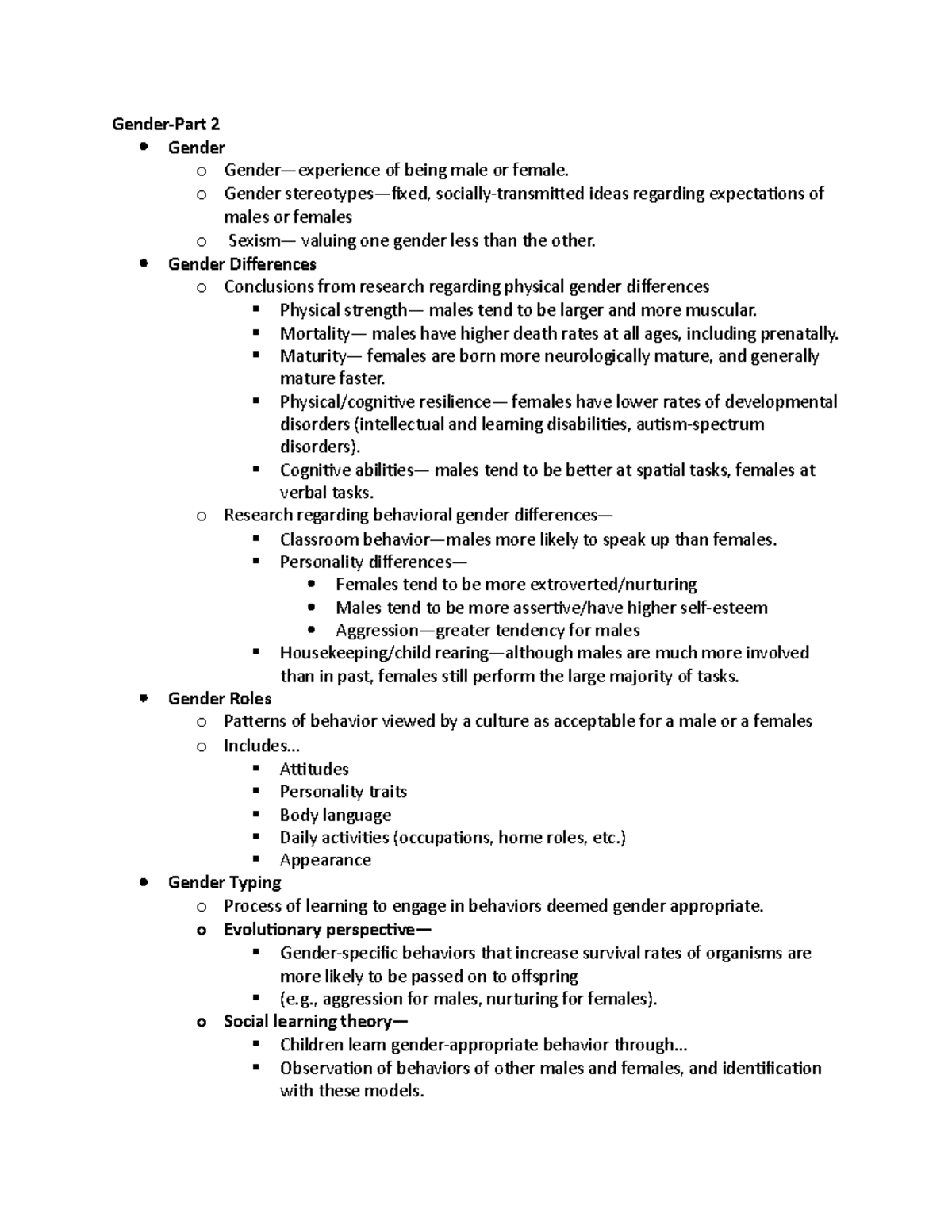 UNL CYAF 471-Gender PART 2 NOTES - Gender-Part 2 Gender o Gender ...