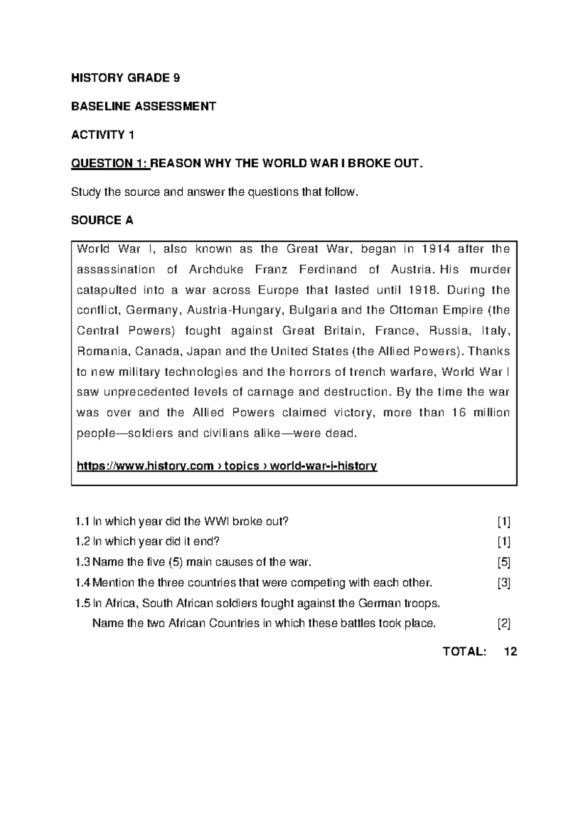 ' Grade 9 History TERM 1 Worksheets' - HISTORY GRADE 9 BASELINE ...