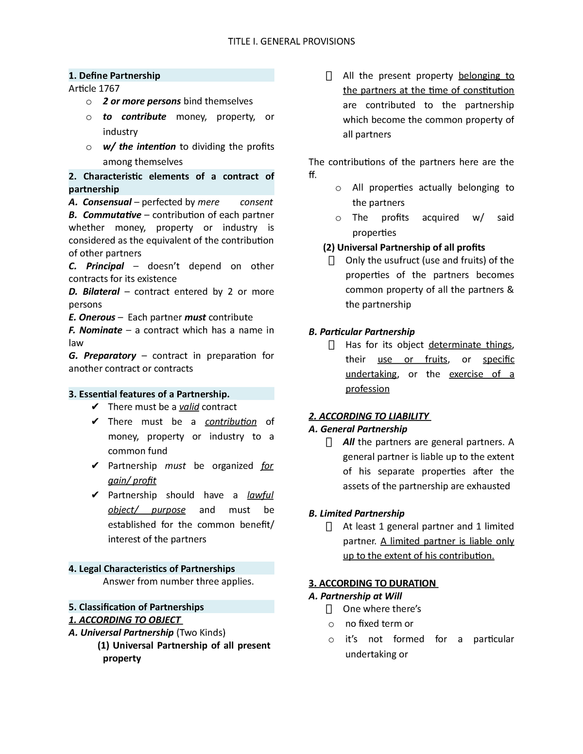 Title I Partnership Partnership Law Define Partnership Article 1767 