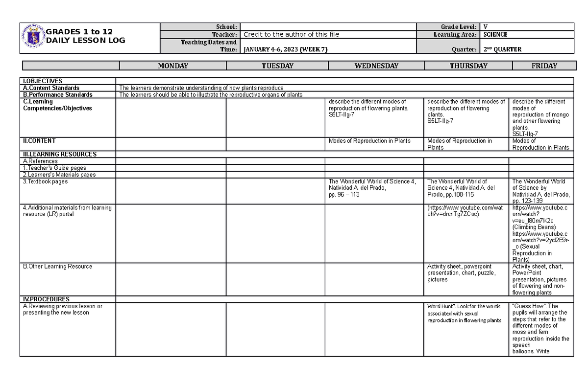 DLL Science 5 Q2 W7 - FOR REFERENCE - GRADES 1 to 12 DAILY LESSON LOG ...