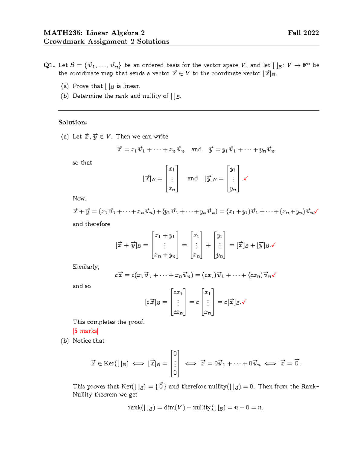 CA02 Solutions - Crowdmark Assignment 2 Solutions Q1. Let B = { #» v 1 ...
