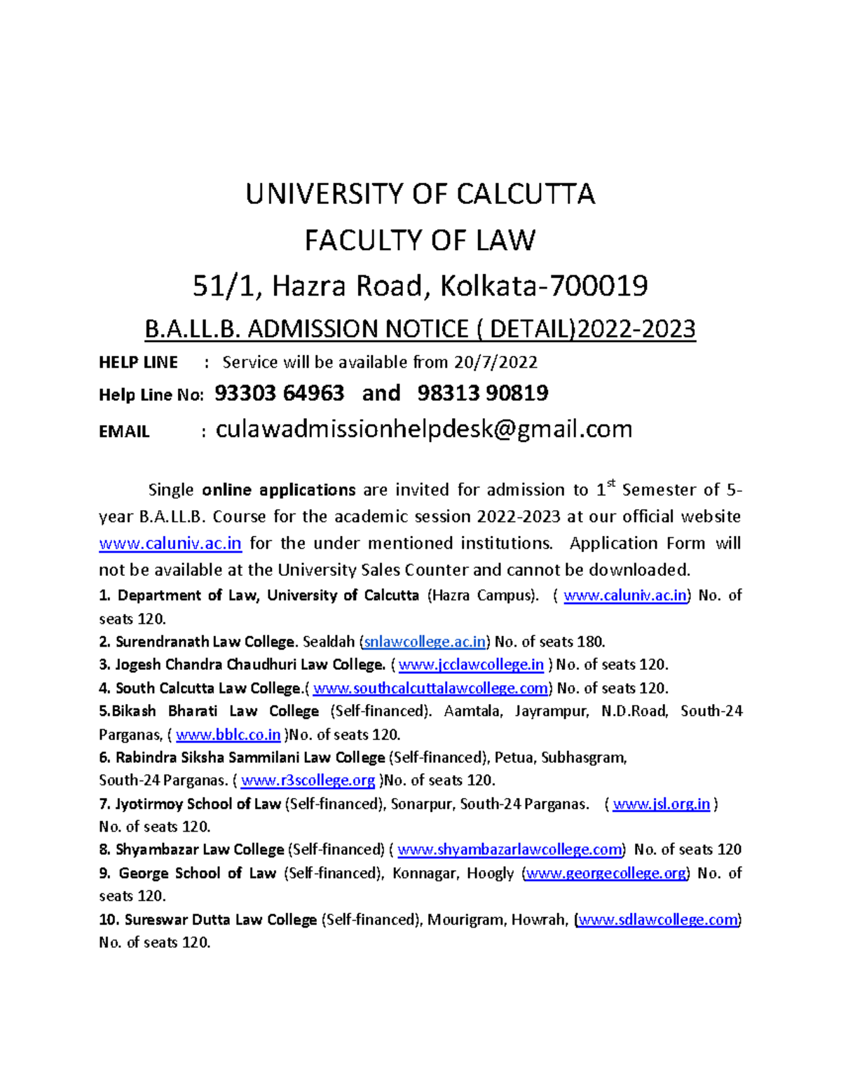 LLB-Notice-2022 - UNIVERSITY OF CALCUTTA FACULTY OF LAW 51/1, Hazra ...