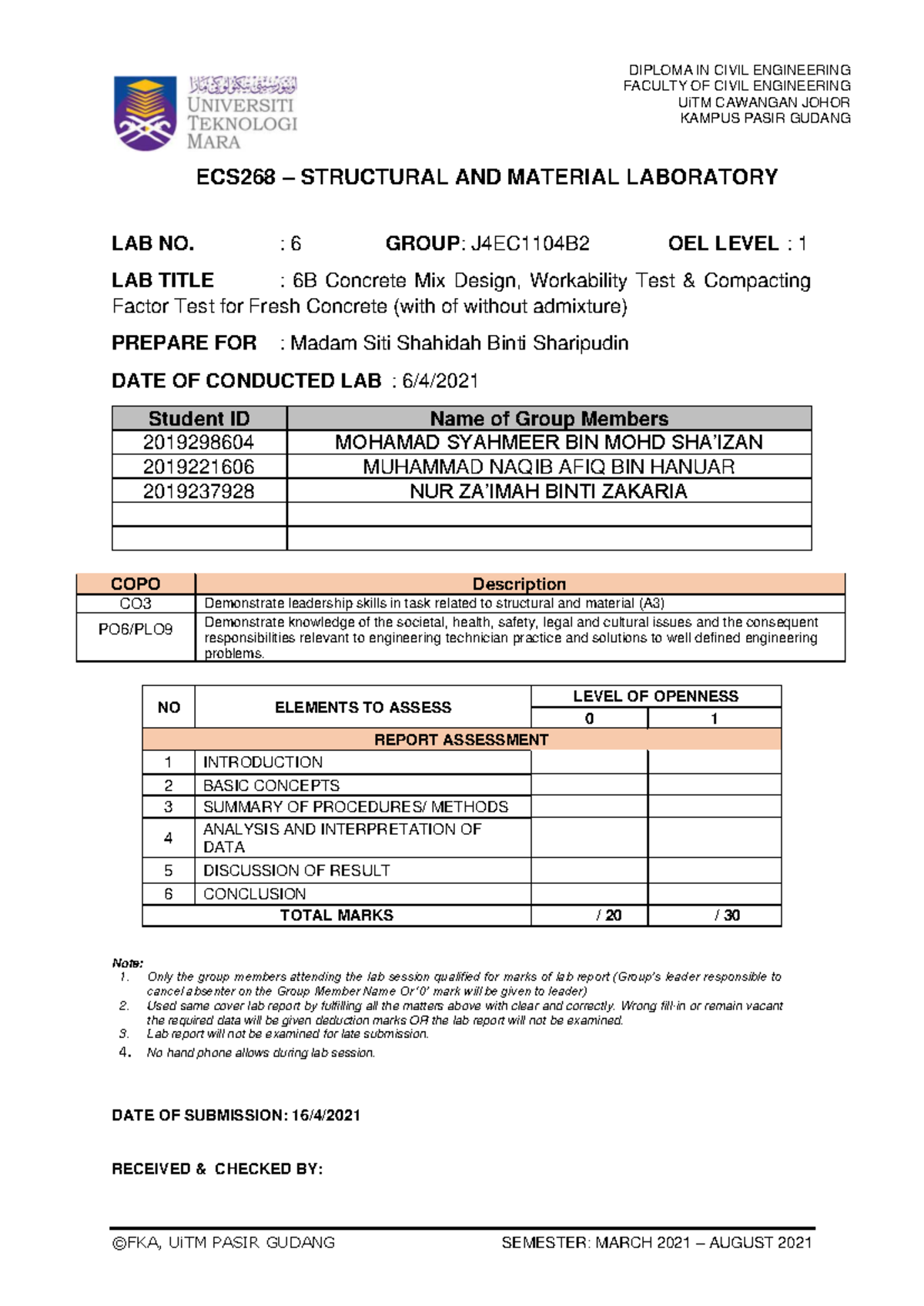 Lab 6B Concrete Mix Design, Workability Test FACULTY OF CIVIL ENGINEERING UiTM