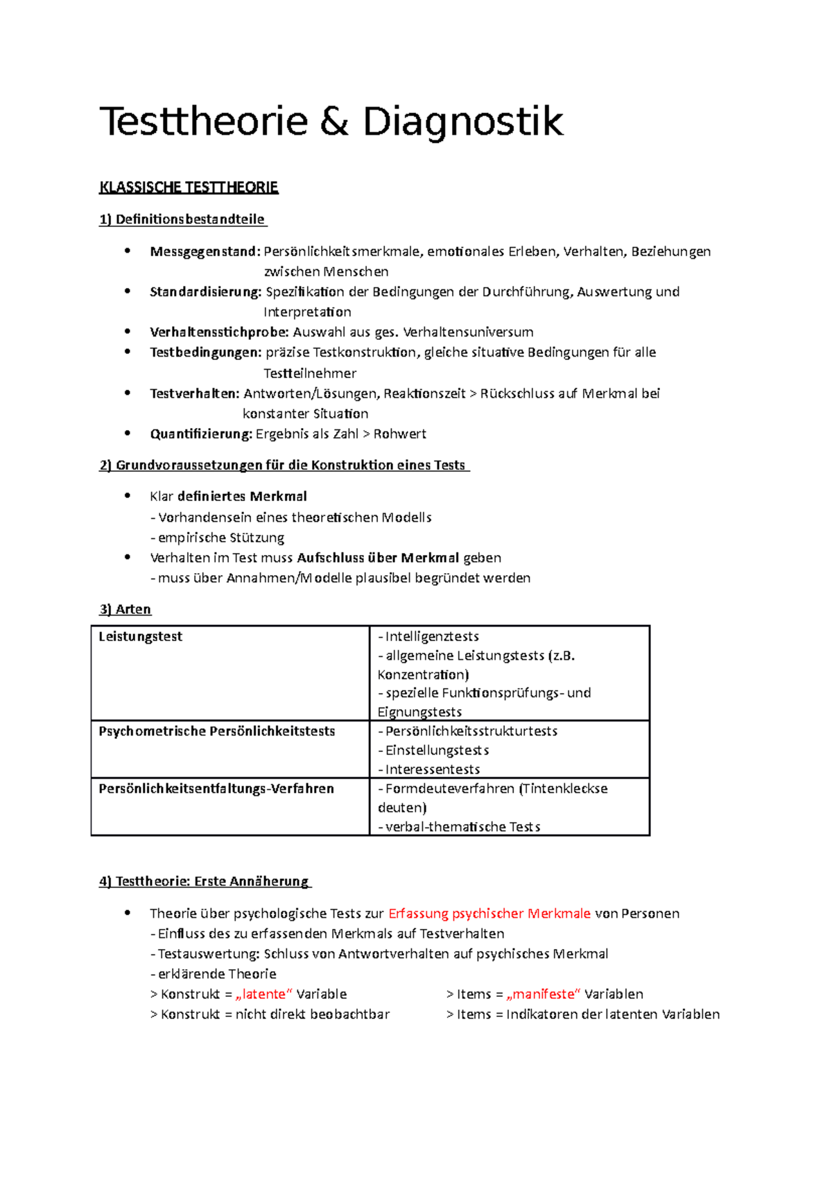 Klausurzusammenfassung - Testtheorie Diagnostik KLASSISCHE TESTTHEORIE ...