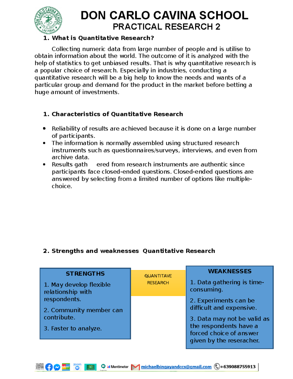 Quantitative Research - DON CARLO CAVINA SCHOOL PRACTICAL RESEARCH 2 ...