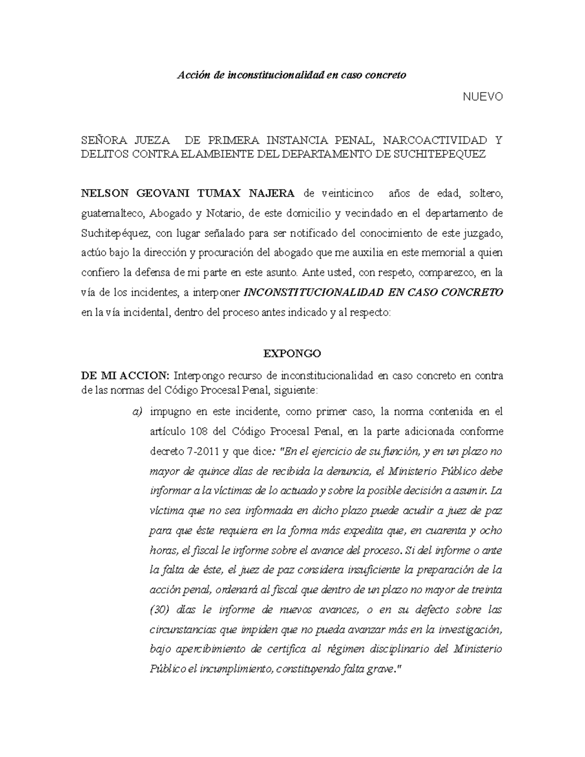 Acción De Inconstitucionalidad En Caso Concreto - Acción De ...