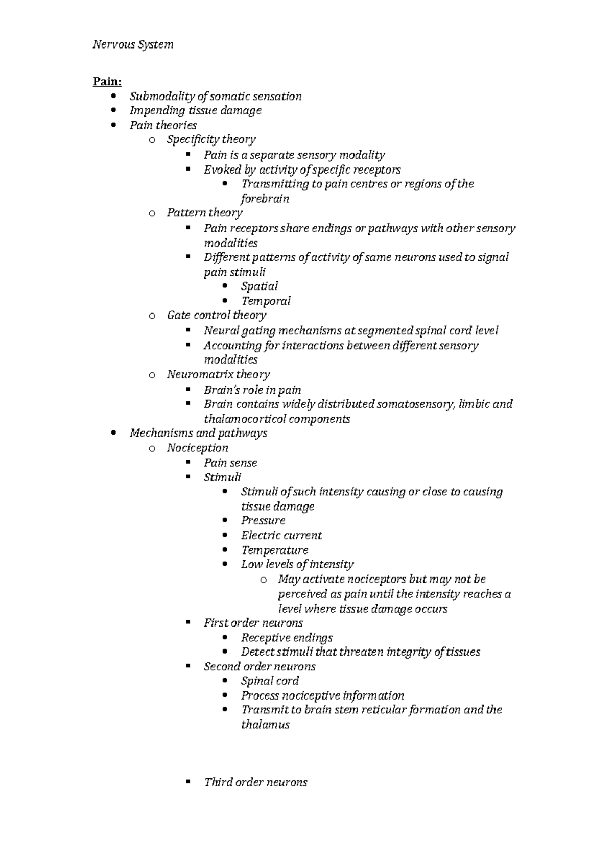 Pain and Nociception Lecture Notes - Pain: Submodality of somatic ...