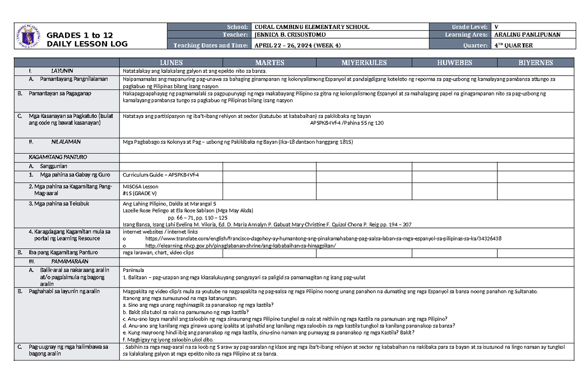 DLL Araling Panlipunan 5 Q4 W4 - GRADES 1 to 12 DAILY LESSON LOG School ...