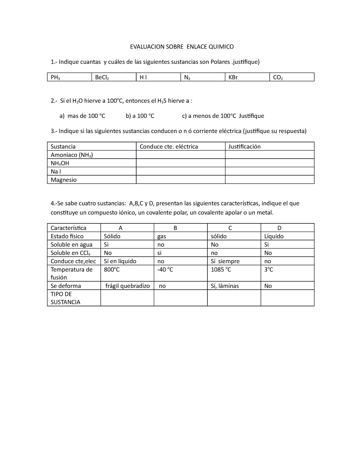 Practica Calificada N° 8 Enlace Quimico Evaluacion Sobre Enlace Quimico 1 Indique Cuantas Y