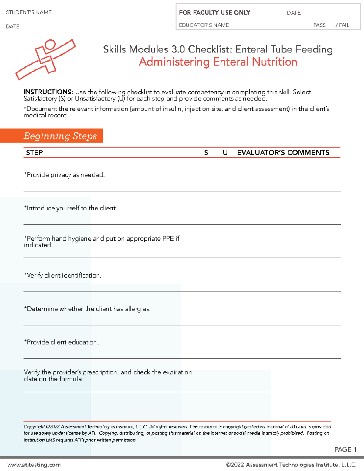 Skills Checklist Enteral Administer atitesting ©2022 Assessment Technologies Institute, L.L