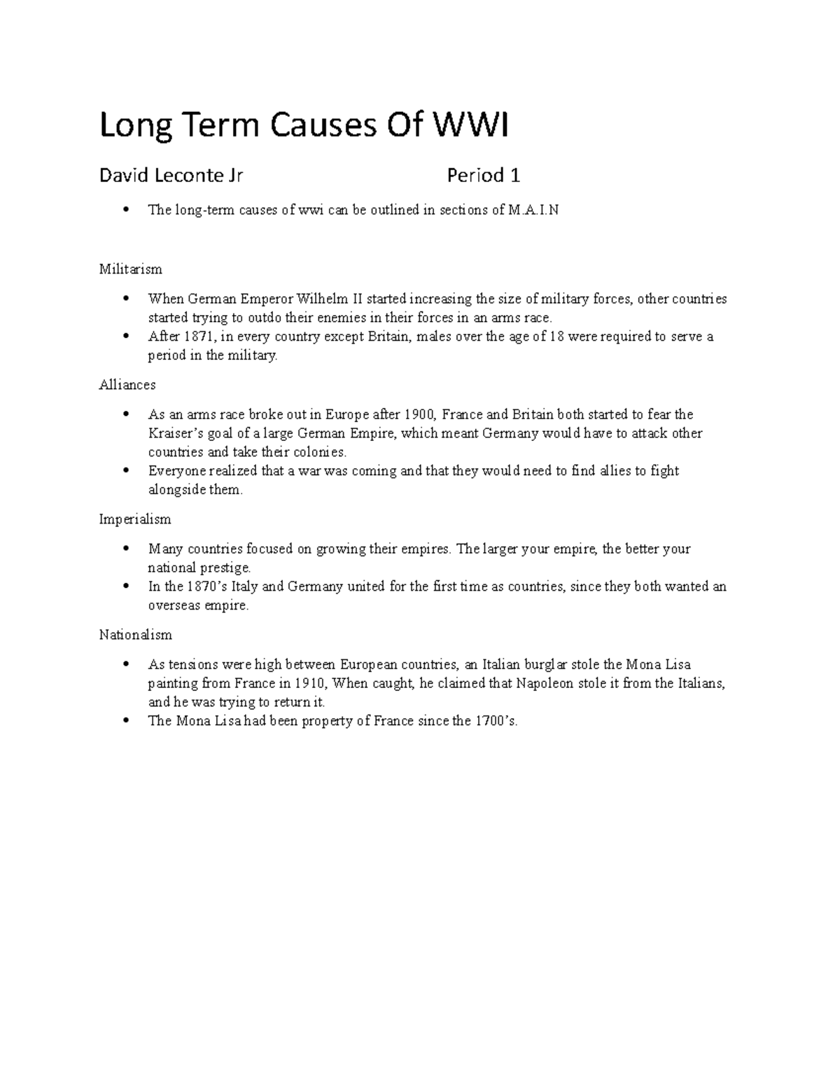 Document 31 - essay - Long Term Causes Of WWI David Leconte Jr Period 1 ...