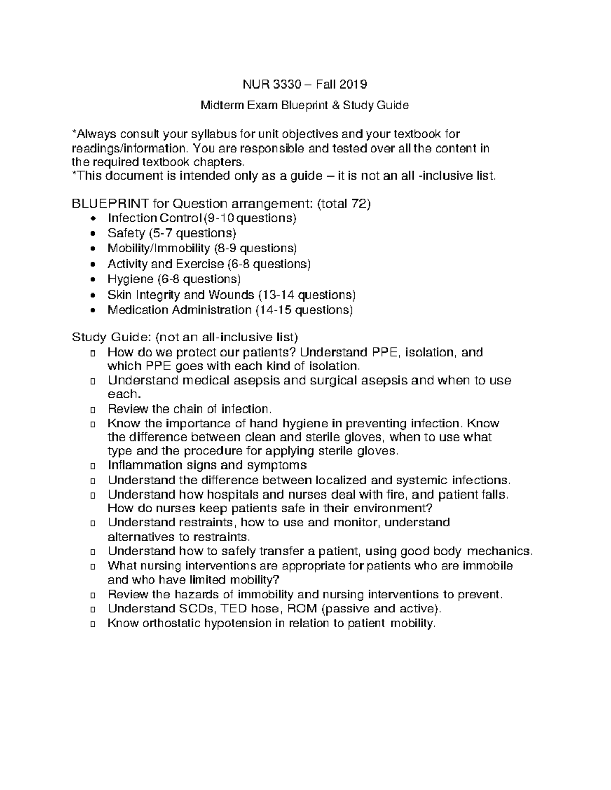 Midterm Exam Blue Print and Study Guide Fall 2019 - NUR 3330 – Fall ...