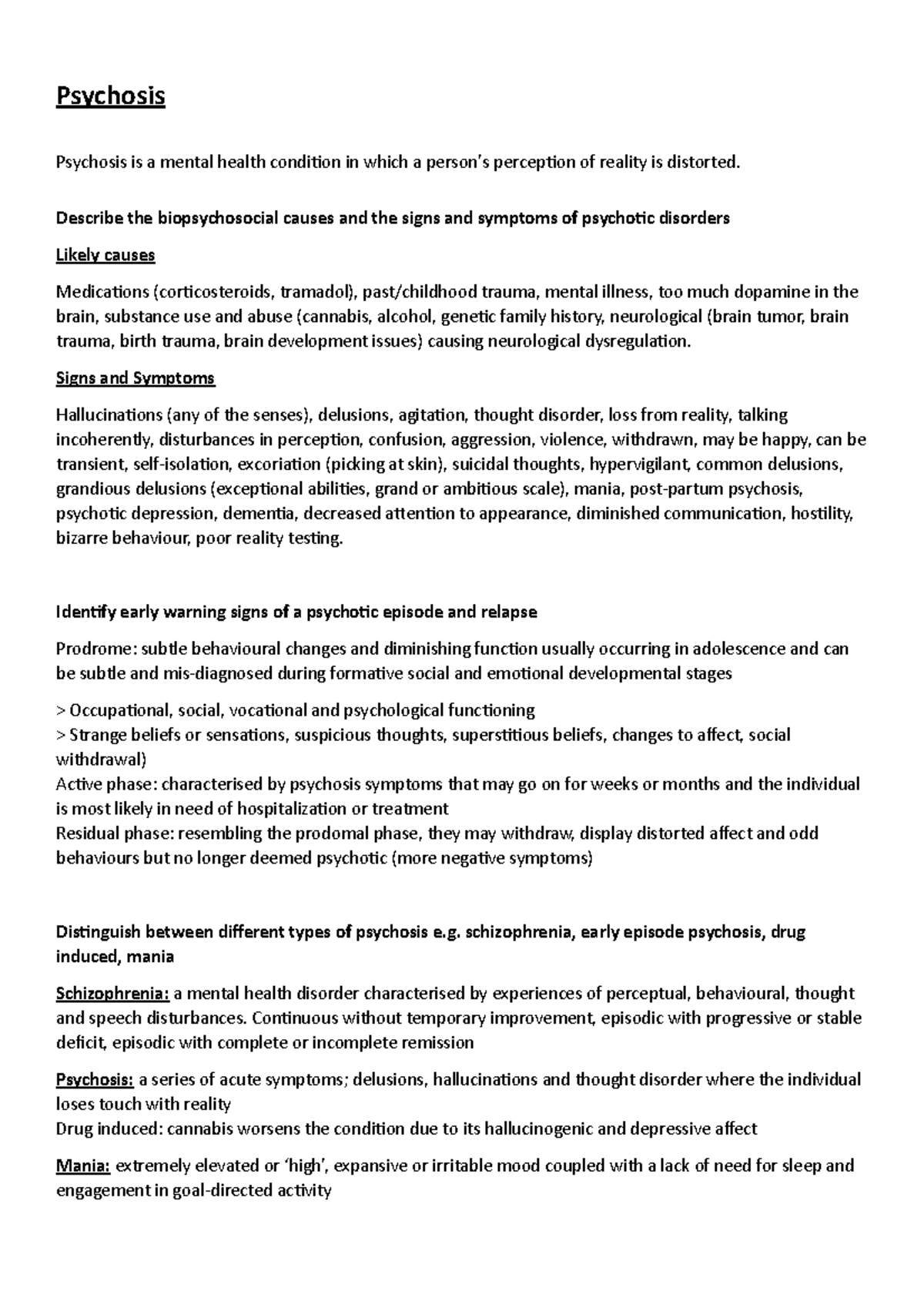 Mental Health HNN222 All Week Learning Outcomes - Psychosis Psychosis ...