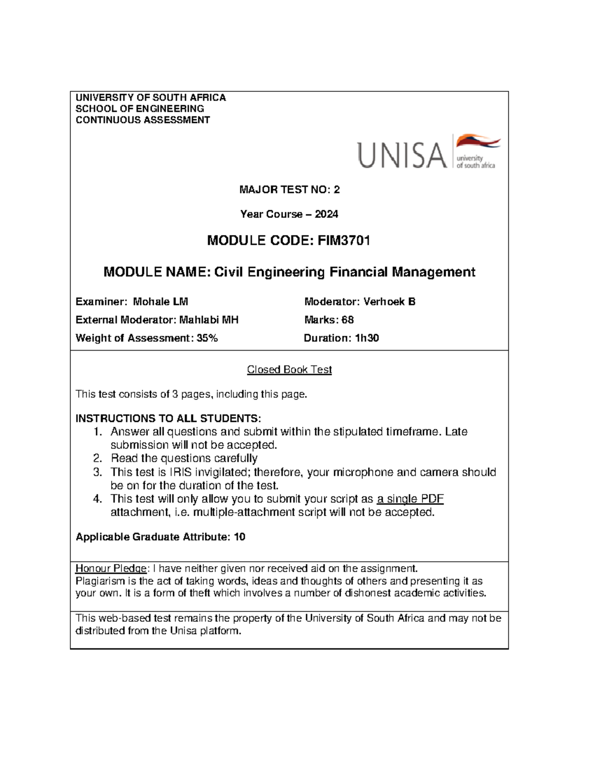 Major Test 2 FIM3701 2024 UNIVERSITY OF SOUTH AFRICA SCHOOL OF