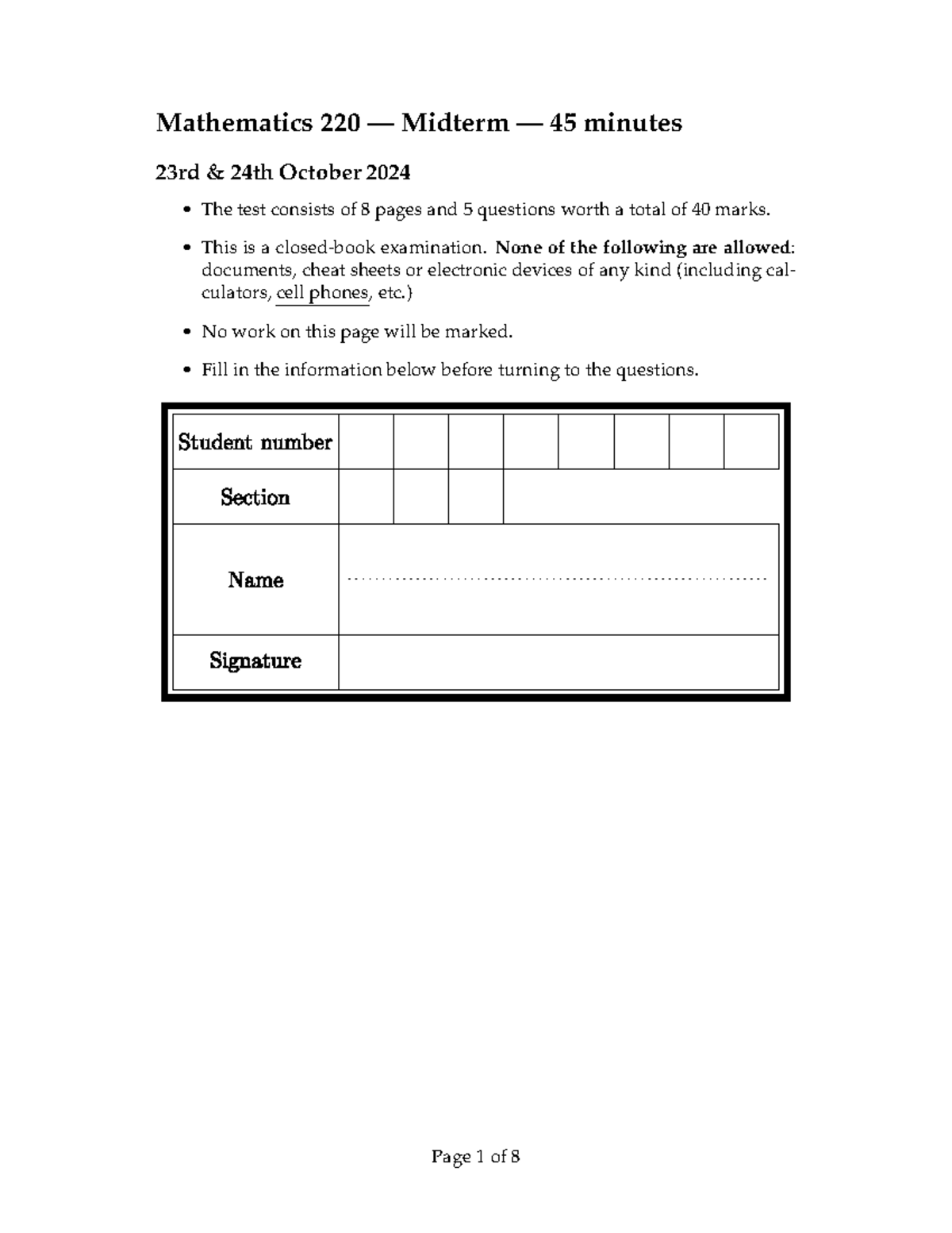 Math+220+Midterm+V2+Solutions - Mathematics 220 — Midterm — 45 minutes ...