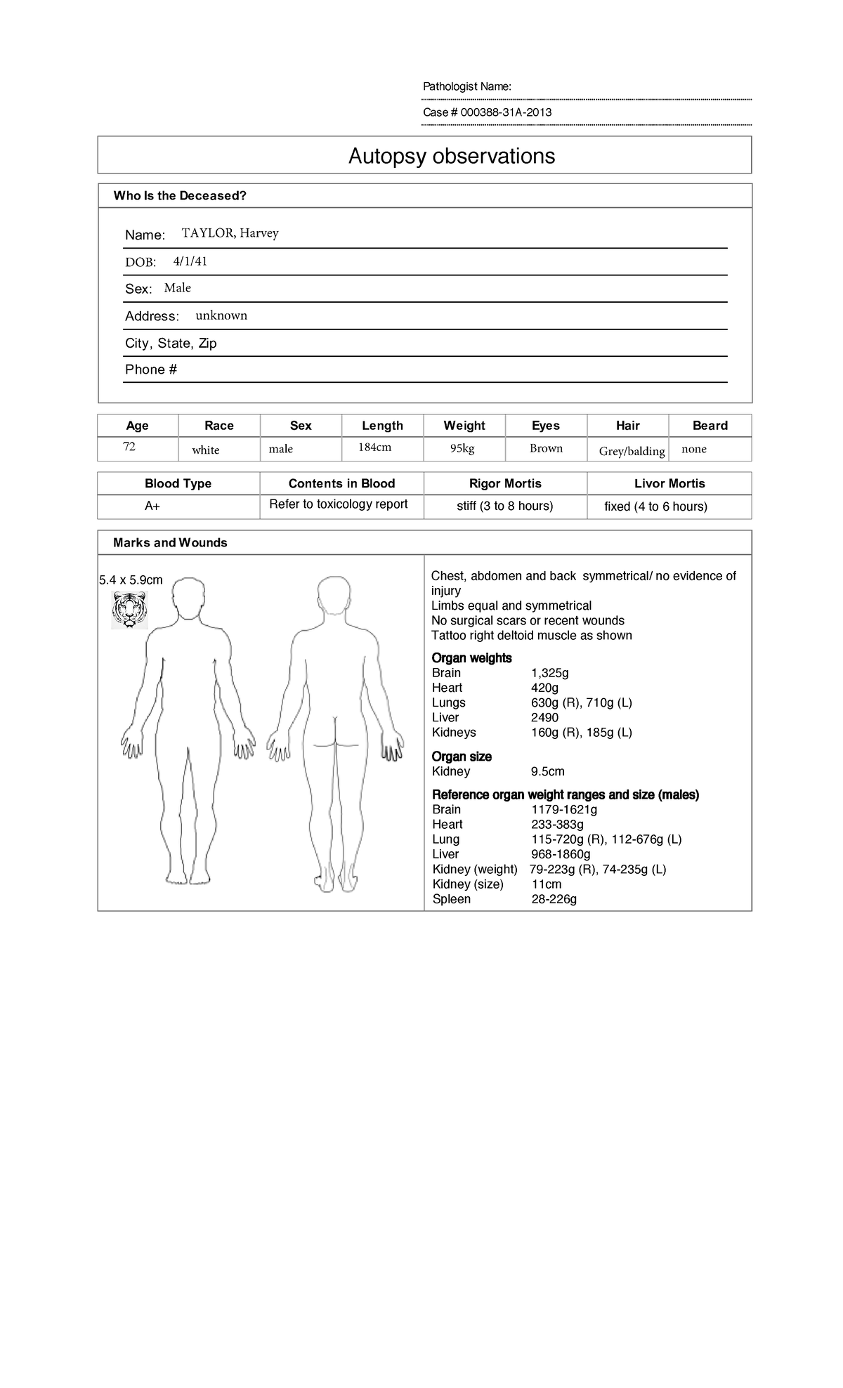 Harvey Taylor observations - Pathologist Name: Case # 000388-31A ...