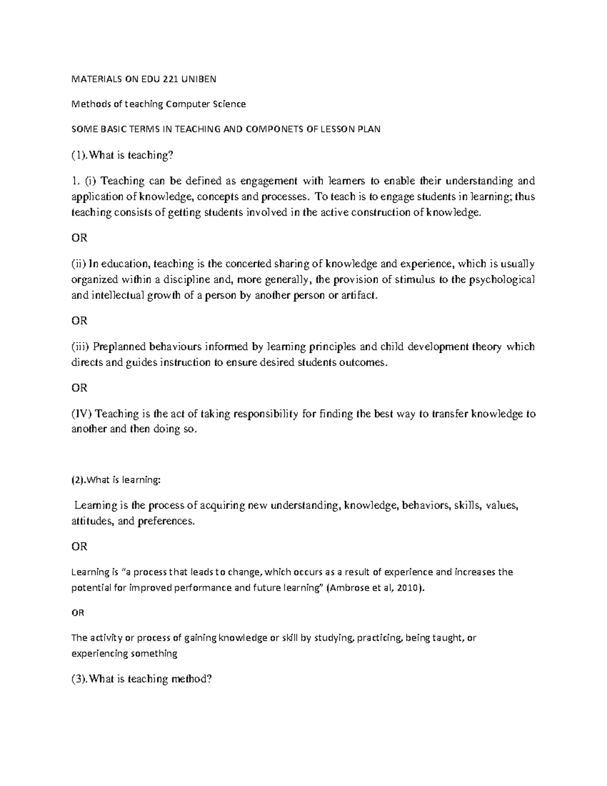 Material ON EDU 221 2023 - MATERIALS ON EDU 221 UNIBEN Methods of ...
