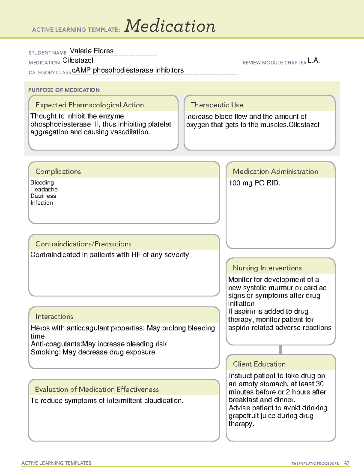 Ati medication form cilostazol ACTIVE LEARNING TEMPLATES THERAPEUTIC